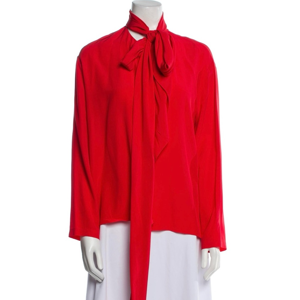 THE ROW Red Silk Scarf Neck Long Sleeve Top - Picture 5 of 15